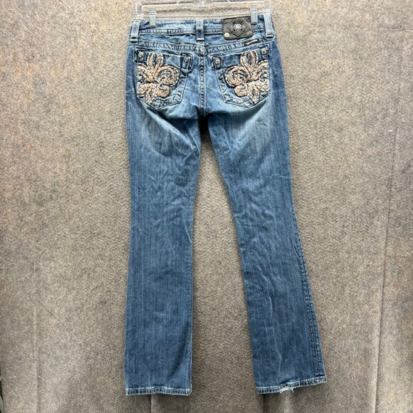 Miss Me Jeans Womens 28 Bootcut Blue Denim Fleur De Lis Embroidered Pockets - Picture 2 of 12